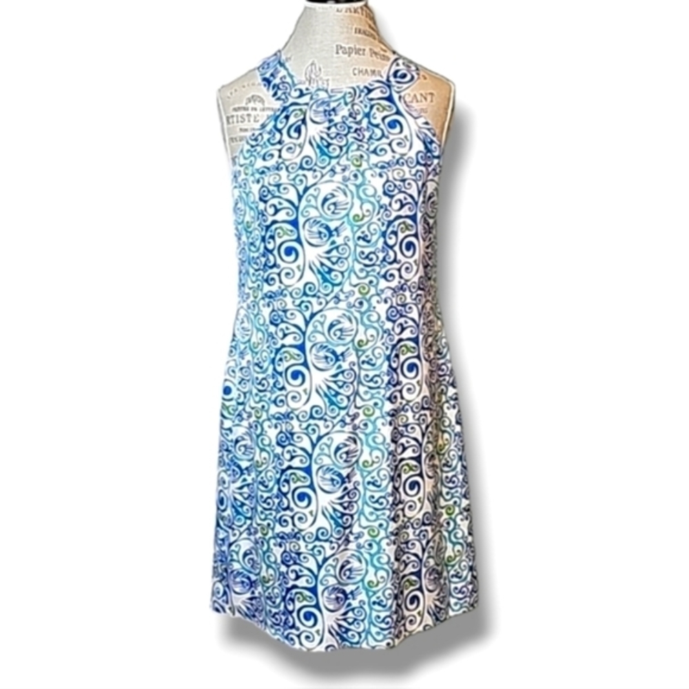 Skirtin Around Blue, White & Green Printed Silk Sleeveless Dress - Size 8